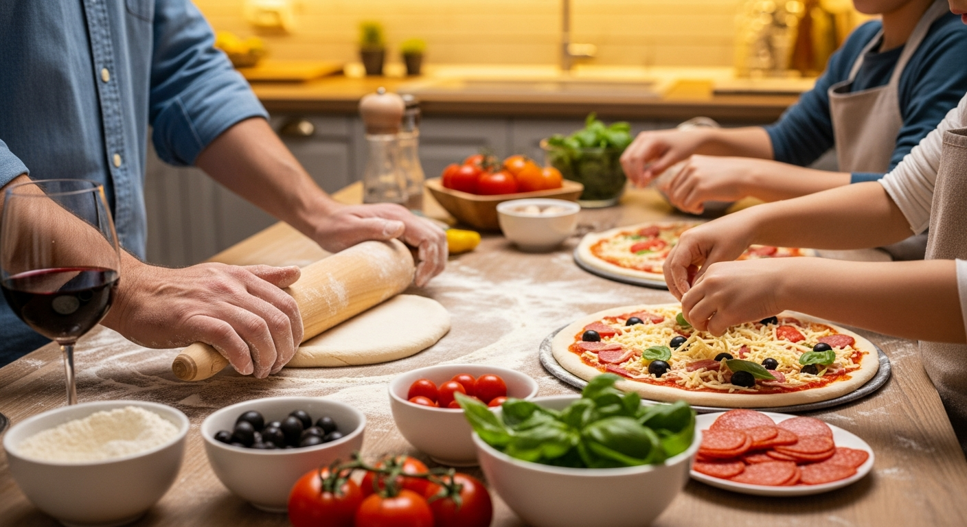 Domácí pizza připravená v kuchyni