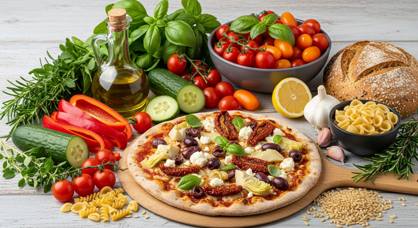 Zdravá pizza s čerstvou zeleninou a rukolou